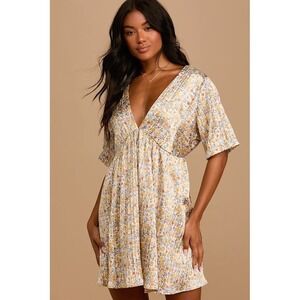 Lulus White Gold Satin Pleated Floral Babydoll Express Yourself Mini Dress Sz L